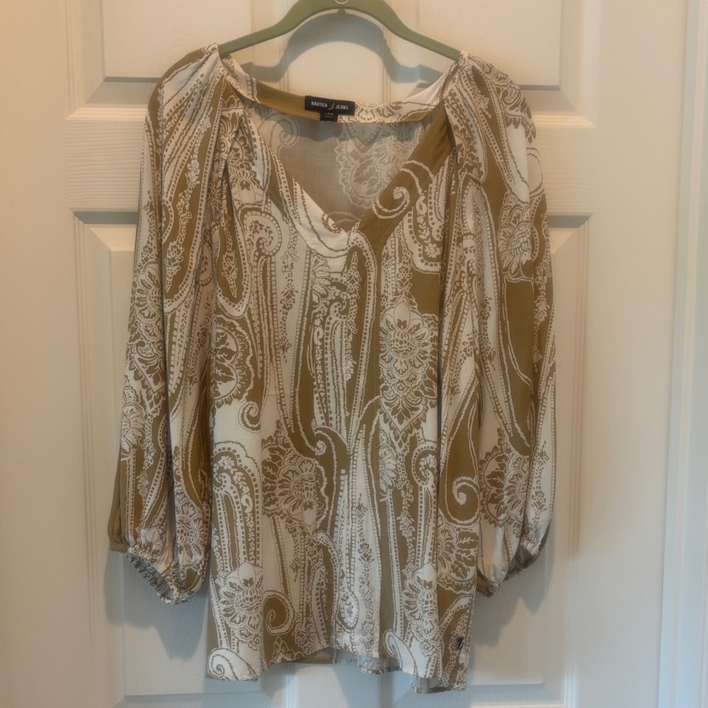 Nautica Cream and Tan Paisley V-Neck Peasant Blouse